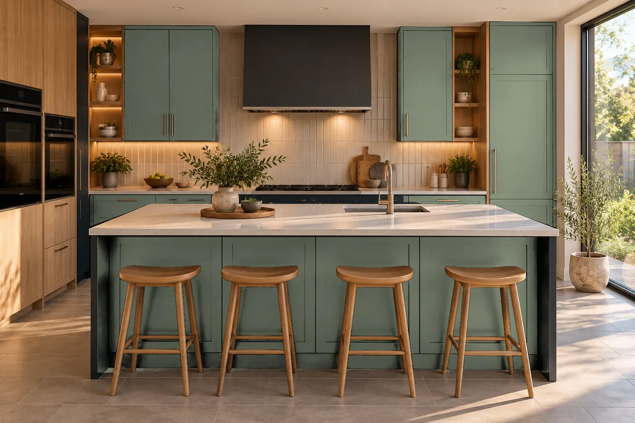 Soft sage colour concept applied to the same kitchen cabinetry