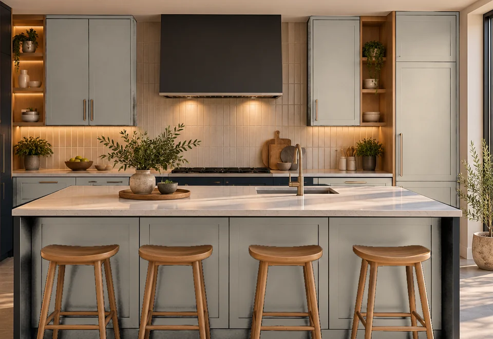 Illustrative bright kitchen with warm neutral cabinets and carefully aligned doors
