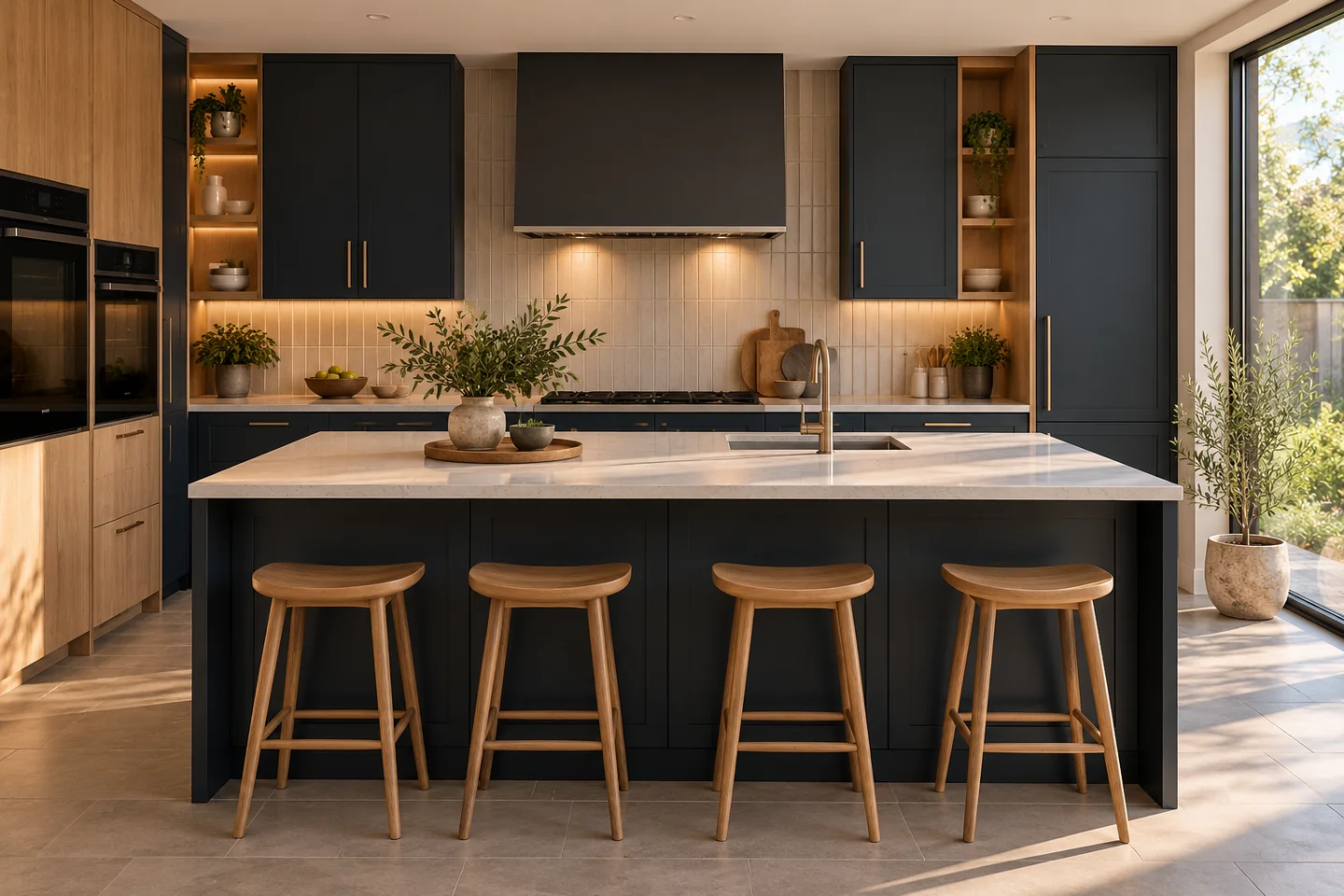 Illustrative kitchen with rich graphite cabinetry, warm oak and brass details