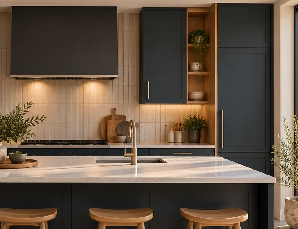 Illustrative close-up of dark cabinetry and warm kitchen detailing